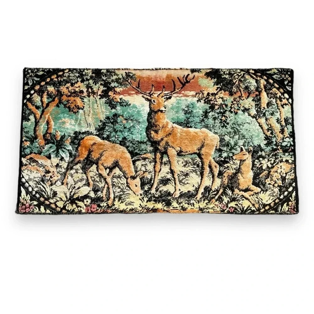 Vintage Handmade Velvet Deer Wildlife Wall Tapestry, Rustic Home Decor